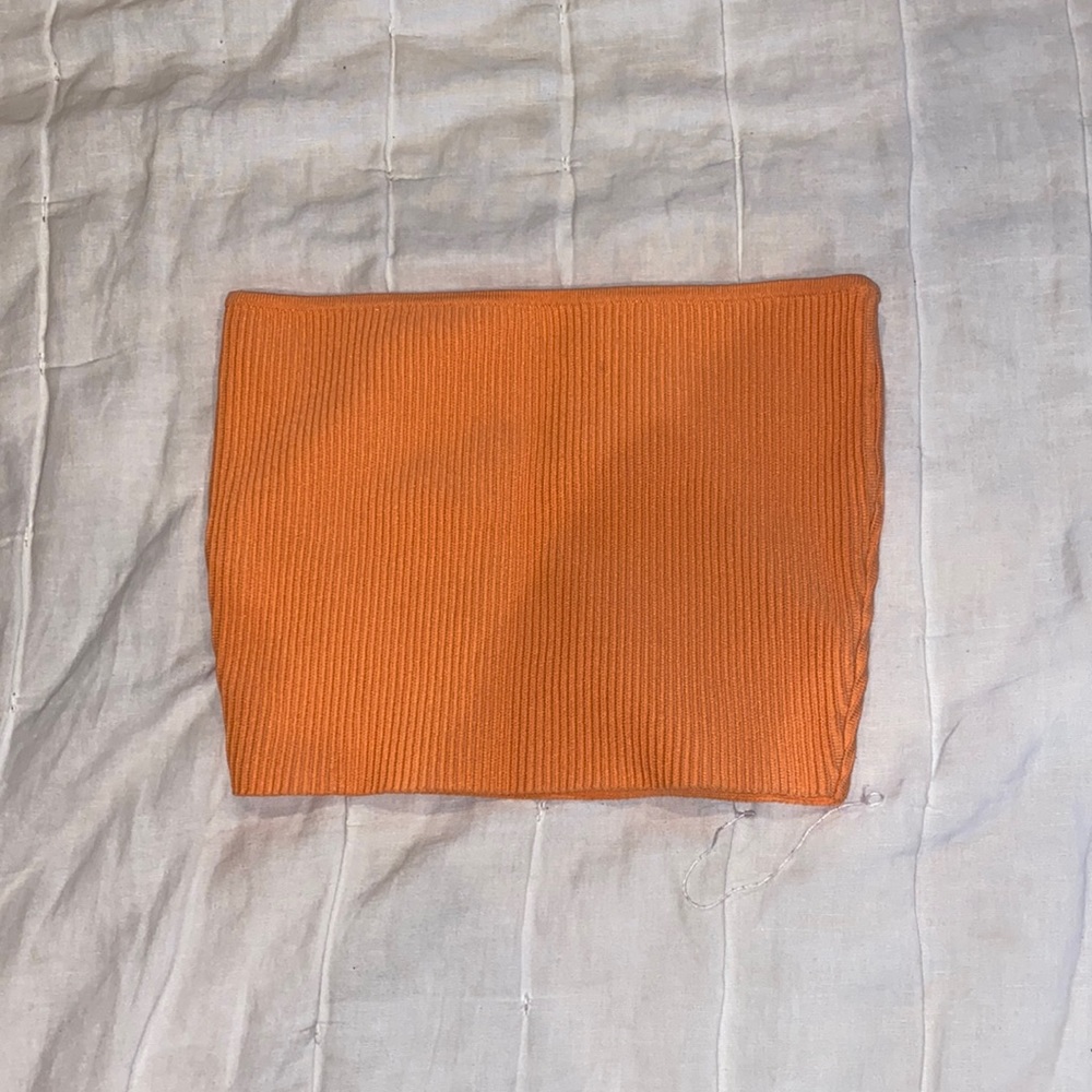 Orange Ribbed Strapless Crop Top